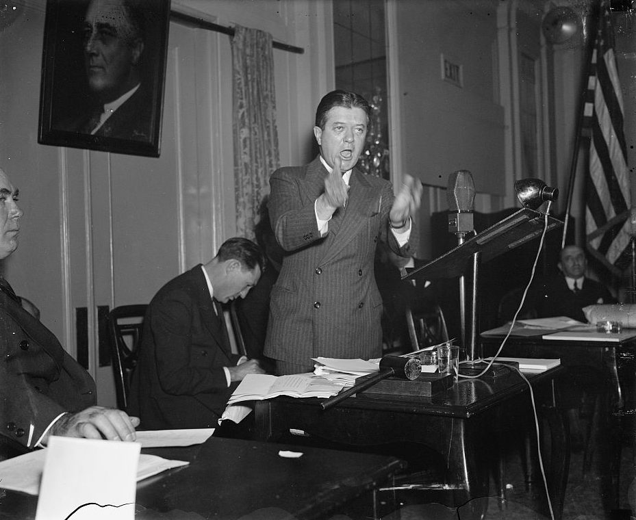 Senator Robert Lafollette delivers the principal speech at the opening session of the Convention of the Labor Nonpartisan League in 1937.