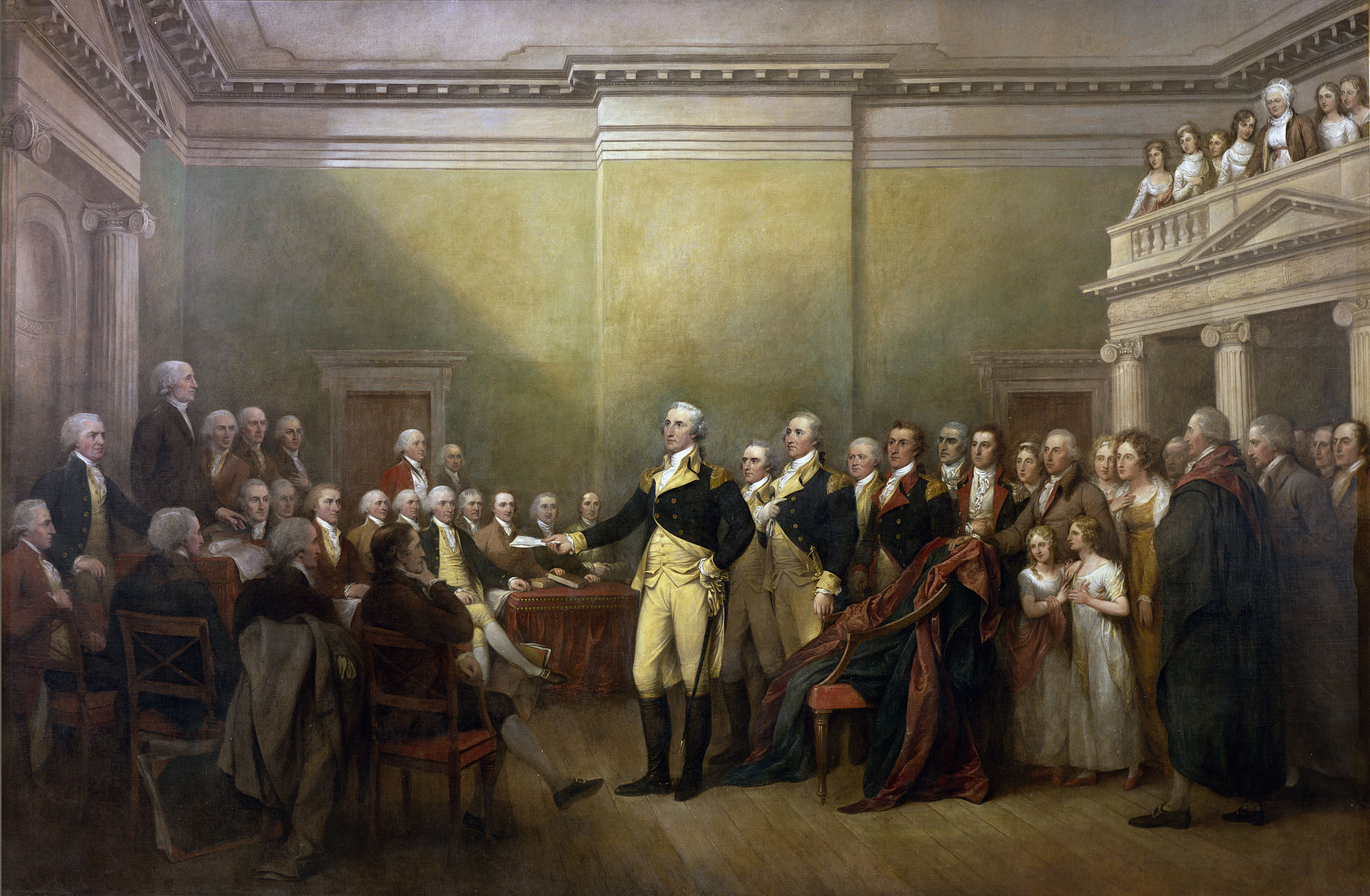 Annapolis, Maryland: George Washington hands Congress his resignation as commanding general of the Continental Army, December 23, 1783. Painting by John Trumbull.