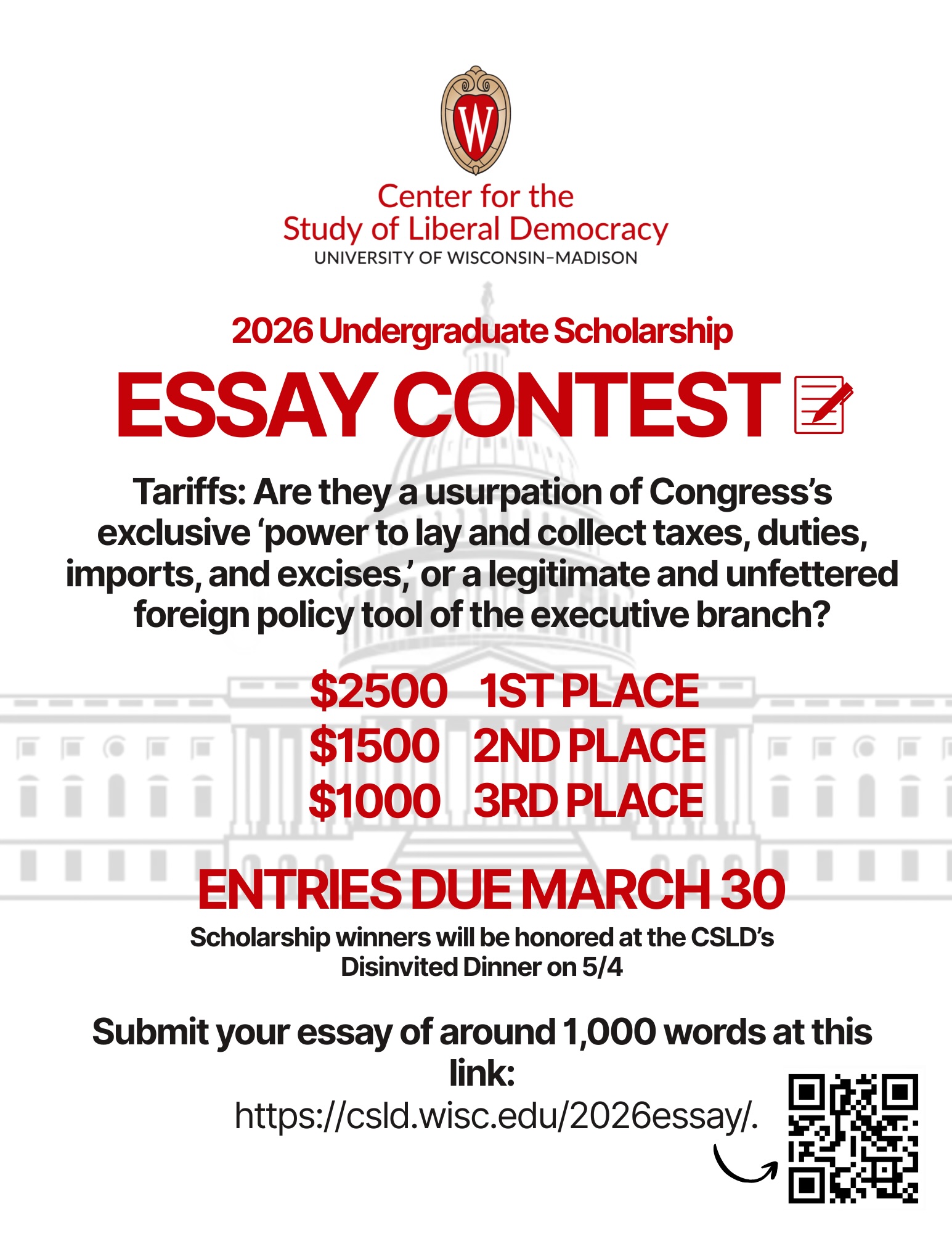 2026 Undergraduate Scholarship Essay Contest Flyer, Entries Due March 30